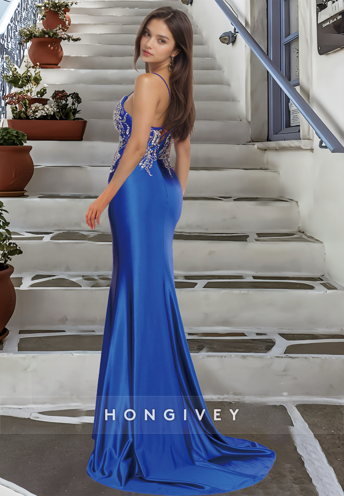 HONGIVEY New Glitter Beaded Blue Evening Dress with Side Slit Applique Straps Prom Gown