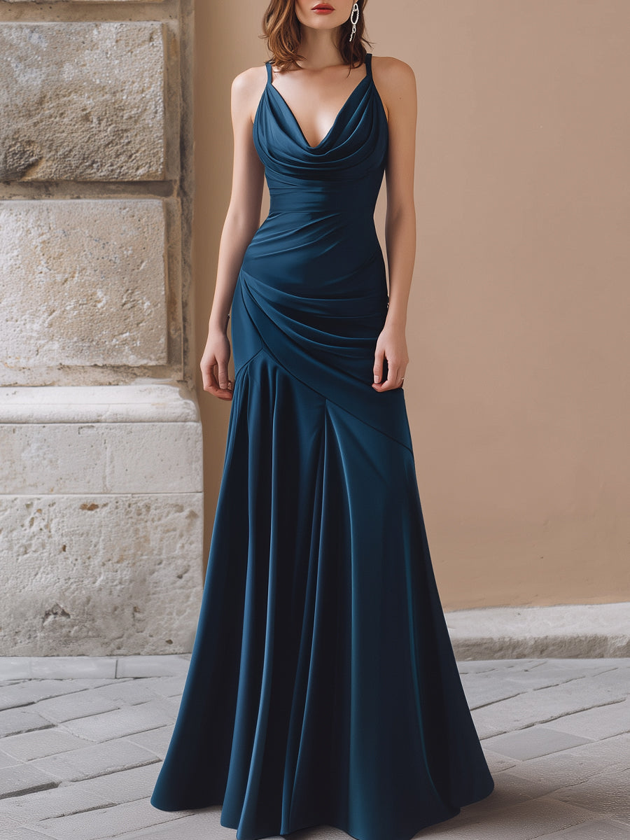 Draped Cowl Neck Ruched Maxi Dress