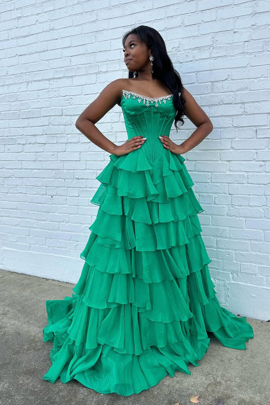A Line Scoop Neck Green Chiffon Tiered Prom Dress with Beading