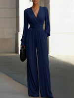 Draped V-Neck Long-Sleeve Wide-Leg Jumpsuit