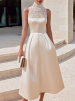 High-Neck Lace Panel Structured A-Line Midi Dress