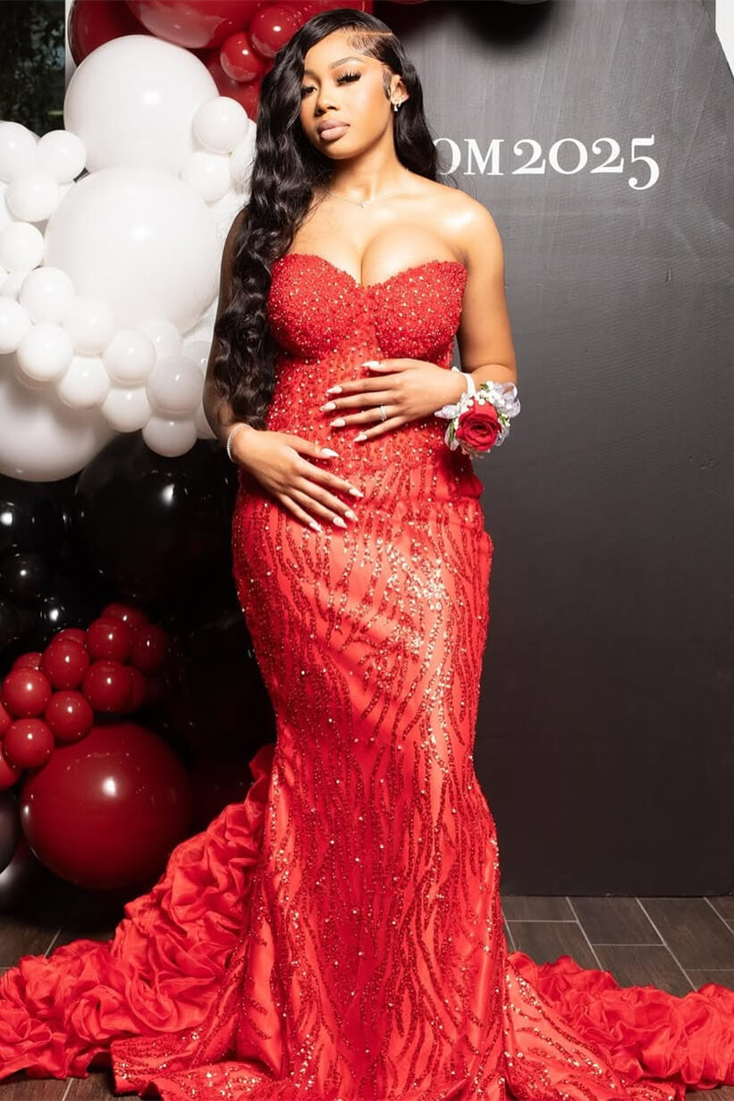 Red Sweetheart Sleeveless Mermaid Prom Dress With Sequins Beadings Ruffles