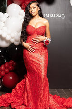 Red Sweetheart Sleeveless Mermaid Prom Dress With Sequins Beadings Ruffles