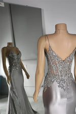Spaghetti-Straps Silver Sleeveless Mermaid Prom Dresses Sweetheart With Sequins Zipper Back