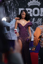 Modern Grape Sweetheart One Shoulder Prom Dress Split Long With Beadings