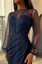 Dark Navy Long Sleeves Sheath Prom Dress Split With Pearls