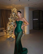 Hidais Red Tulle Strapless Sleeveless Long Mermaid Prom Dress With Sequins And Corset