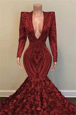 Sequins Lace Wine Red V Neck Long Sleeves Prom Dress Mermaid With Flowers Bottom