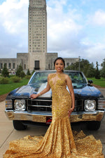 Modern Gold Sleeveless Sequins Mermaid Prom Dress Long With Crystals On Sale