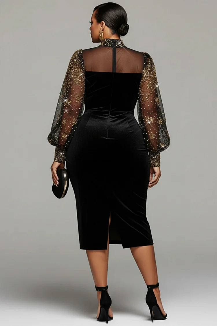 Plus Size Cocktail Party Black Mock Neck Lantern Sleeve Long Sleeve See Through Elegant Bodycon Velvet Midi Dresses [Pre-Order]