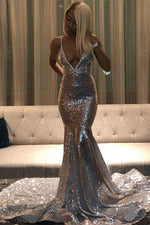Deep V Neck Sleeveless Mermaid Long Prom Dress Spaghetti Strap With Sequins