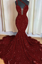 Hidais Red Mermaid Sleeveless One Shoulder Prom Dress Sweetheart Elegant Sequins