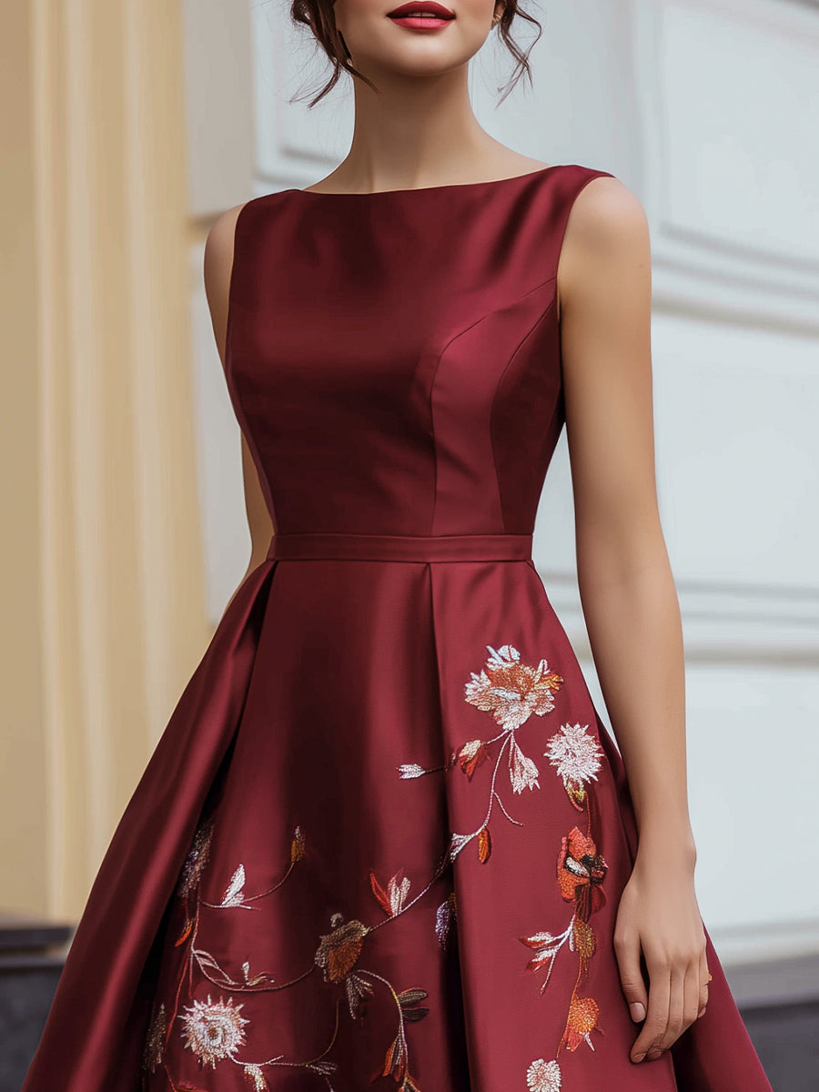 Satin Embroidered A-Line Sleeveless Midi Dress