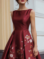 Satin Embroidered A-Line Sleeveless Midi Dress