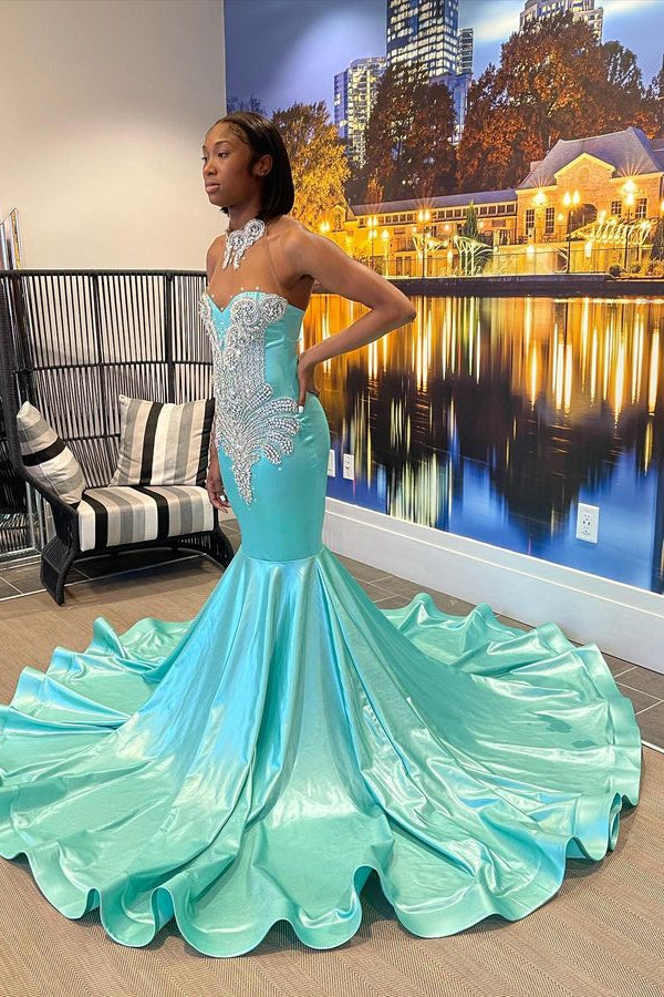 Chic Sleeveless High Neck Mermaid Jade Prom Dress Beaded With Appliques