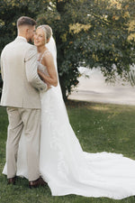 A Line Boat Neck Satin Long Wedding Dress with Appliques