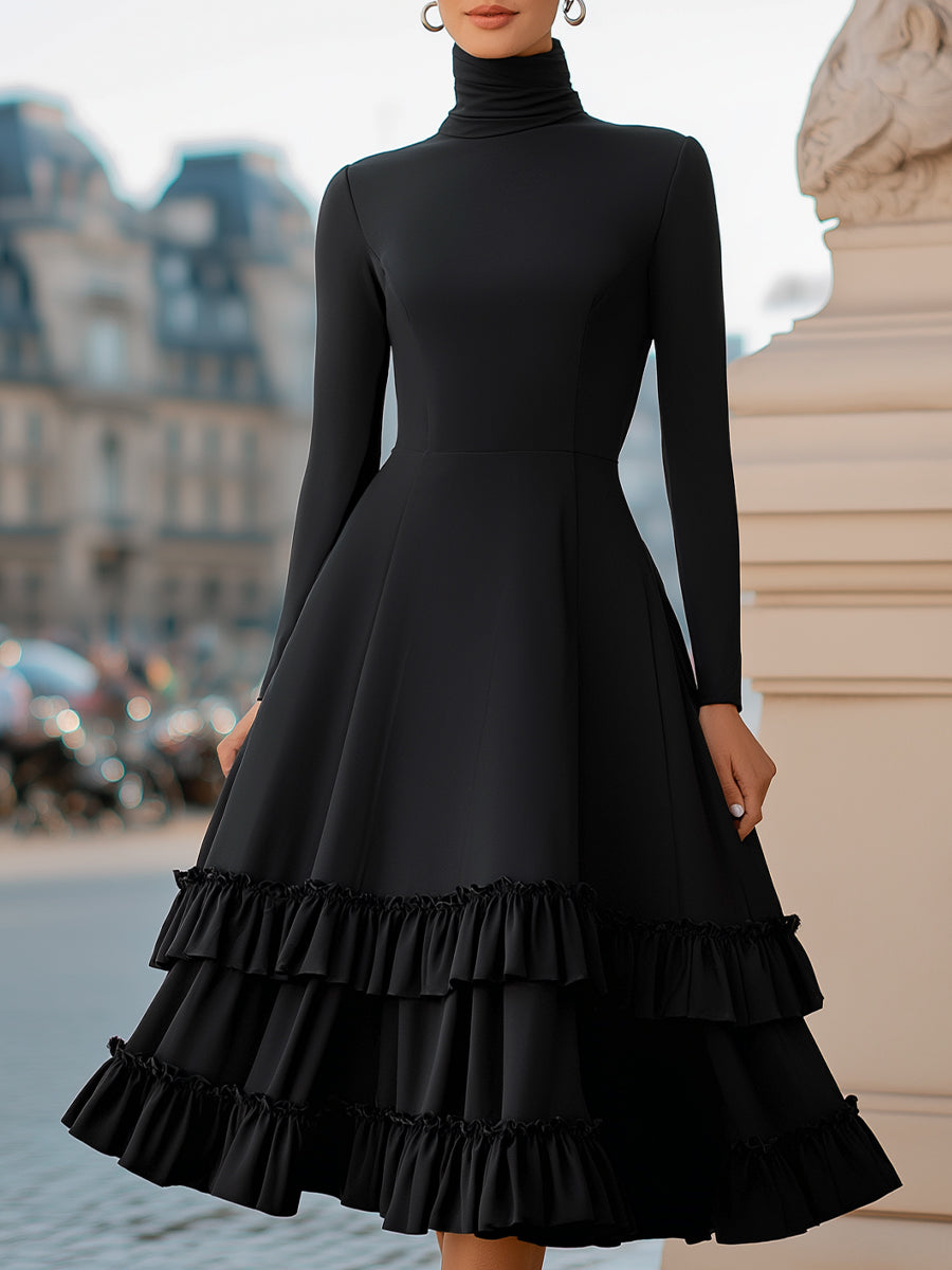 High-Neck A-Line Tiered Ruffle Midi Evening Dress
