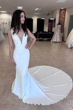 Mermaid Deep V Neck Elastic Satin Long Wedding Dresses