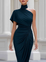 One-Shoulder Ruched Waist Draped Midi Dress