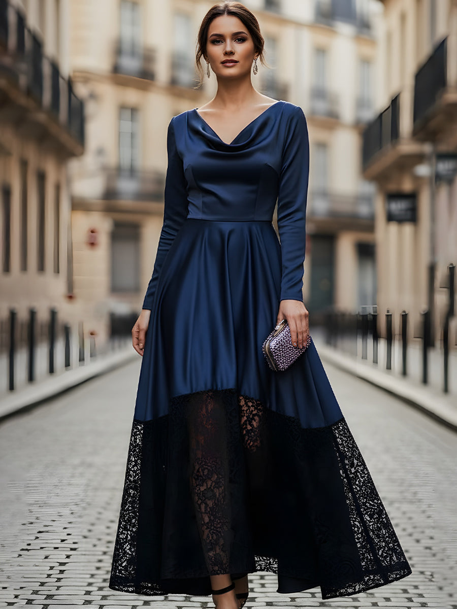 A-Line Lace Cowl Neck Hem High-Low Draped Satin Evening Dress