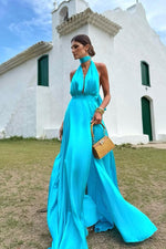 Charming Sleeveless Halter V Neck Long Prom Dress With Pleated