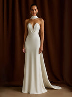 White Satin Mermaid Sleeveless Deep V-Neck Long Wedding Dress With Scarf