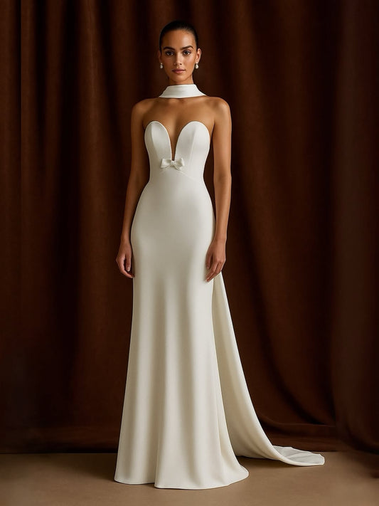 White Satin Mermaid Sleeveless Deep V-Neck Long Wedding Dress With Scarf