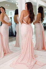 Charming Mermaid V Neck Pink Stretch Satin Prom Dress
