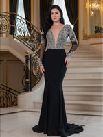 Long Sleeves Deep V-Neck Straps Mermaid Beaded Evening Dress