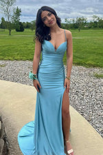 Charming Mermaid Sweetheart Aqua Satin Long Prom Dress with Slit