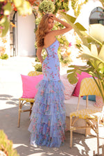 Fashion Purple Flowers Floral Print Sleeveless Mermaid Side Slit Tasse Prom Dress