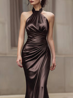 Halter Neck Draped Satin Column Maxi Dress