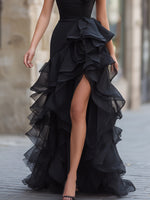 Black One-Shoulder Ruffled Evening Gown With Front Slit