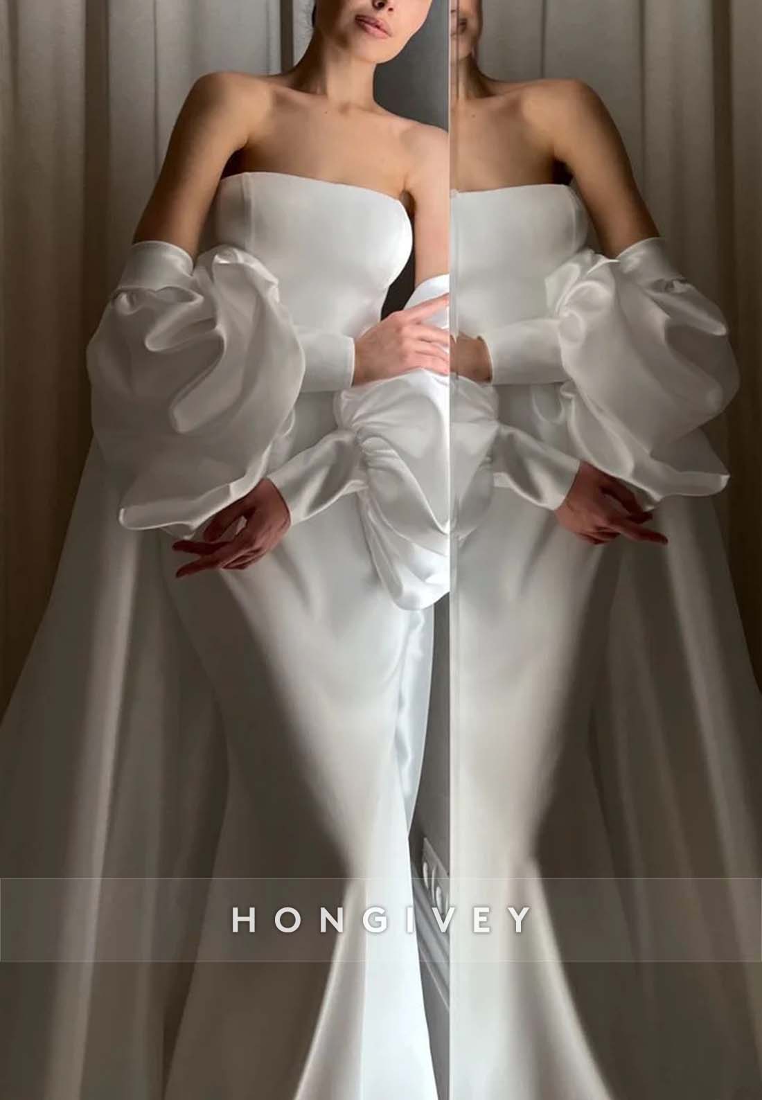 Sheath Simple Watteau Train Strapless Pleated Wedding Dresses