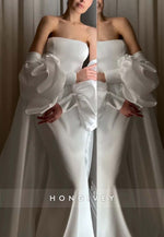 Sheath Simple Watteau Train Strapless Pleated Wedding Dresses