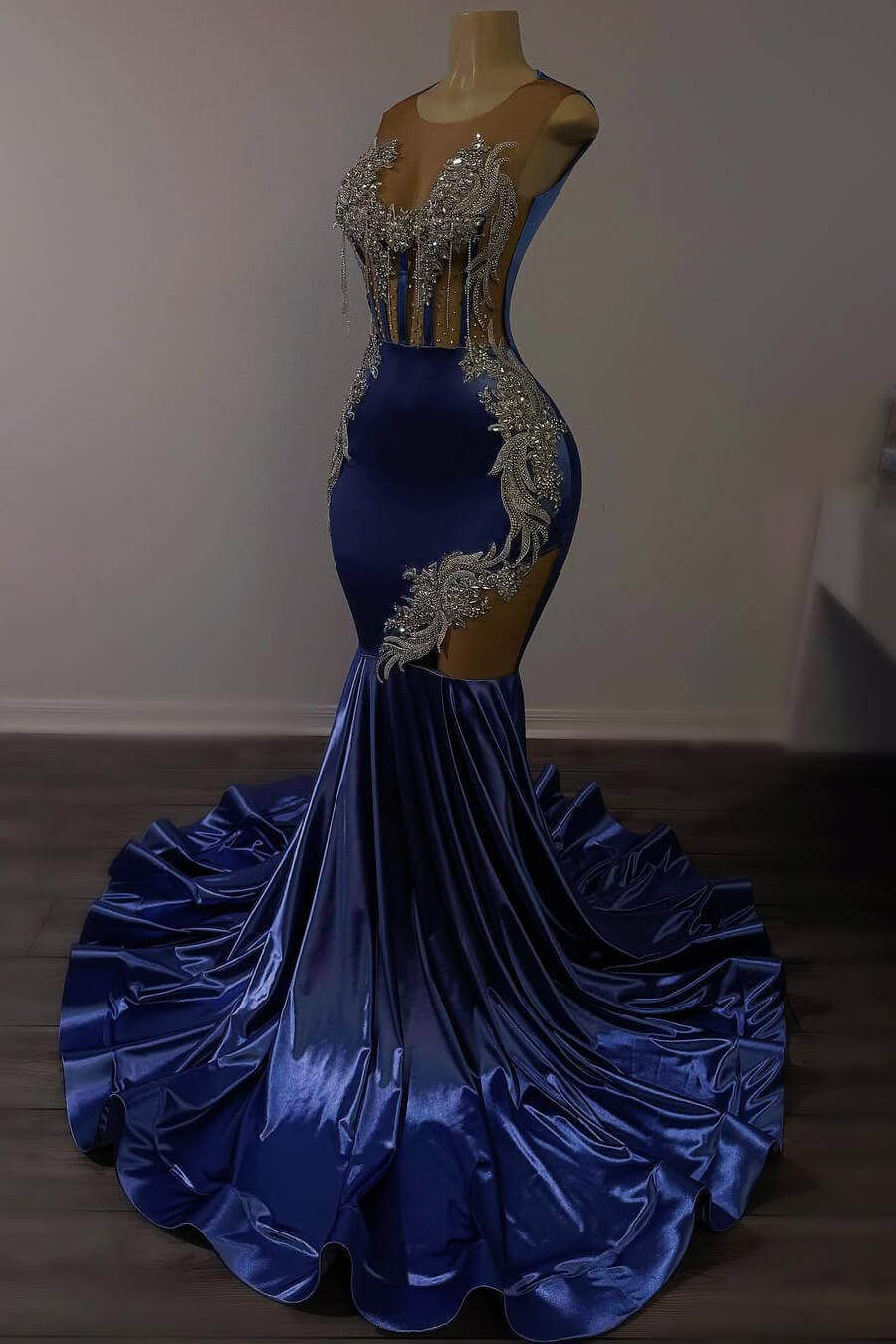 Dusty Blue Sleeveless Scoop Prom Dresses Mermaid Long With Beadings