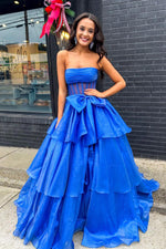 Ball Gown Strapless Royal Blue Organza Long Prom Dress with Bow