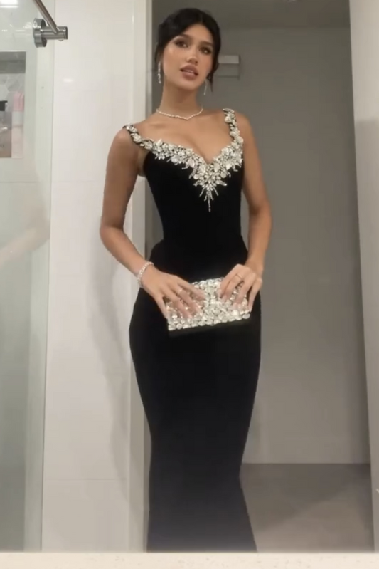 Spandex Deep V-Neck Wide Shoulder Straps Sleeveless Long Mermaid Prom Dress with Rhinstone