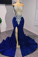 Royal Blue Scoop Sleeveless Sequins Prom Dresses Mermaid Split Long With Beadings