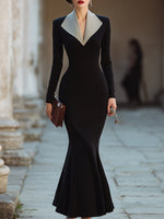 Elegant V-Neck Lapel-Detail Long Sleeves Mermaid Evening Dress