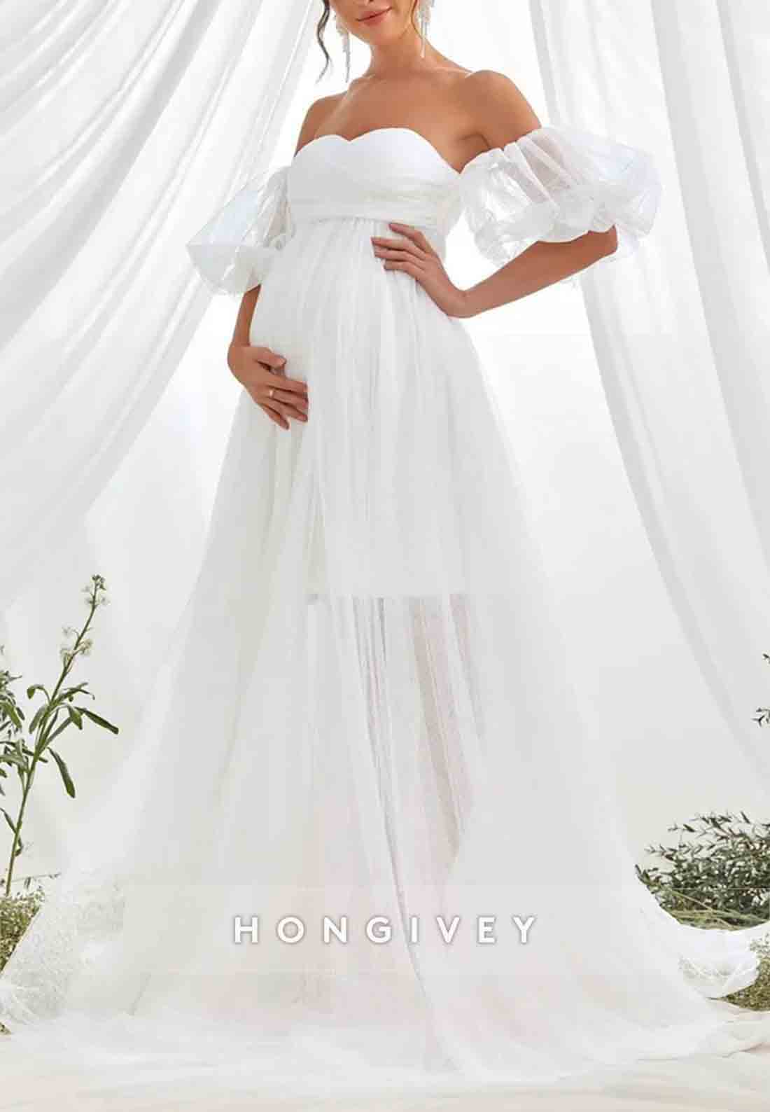 Maternity Sweetheart Off the Shoulder Puff Sleeve Mesh Overlay Wedding Dress