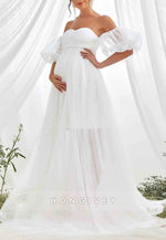 Maternity Sweetheart Off the Shoulder Puff Sleeve Mesh Overlay Wedding Dress