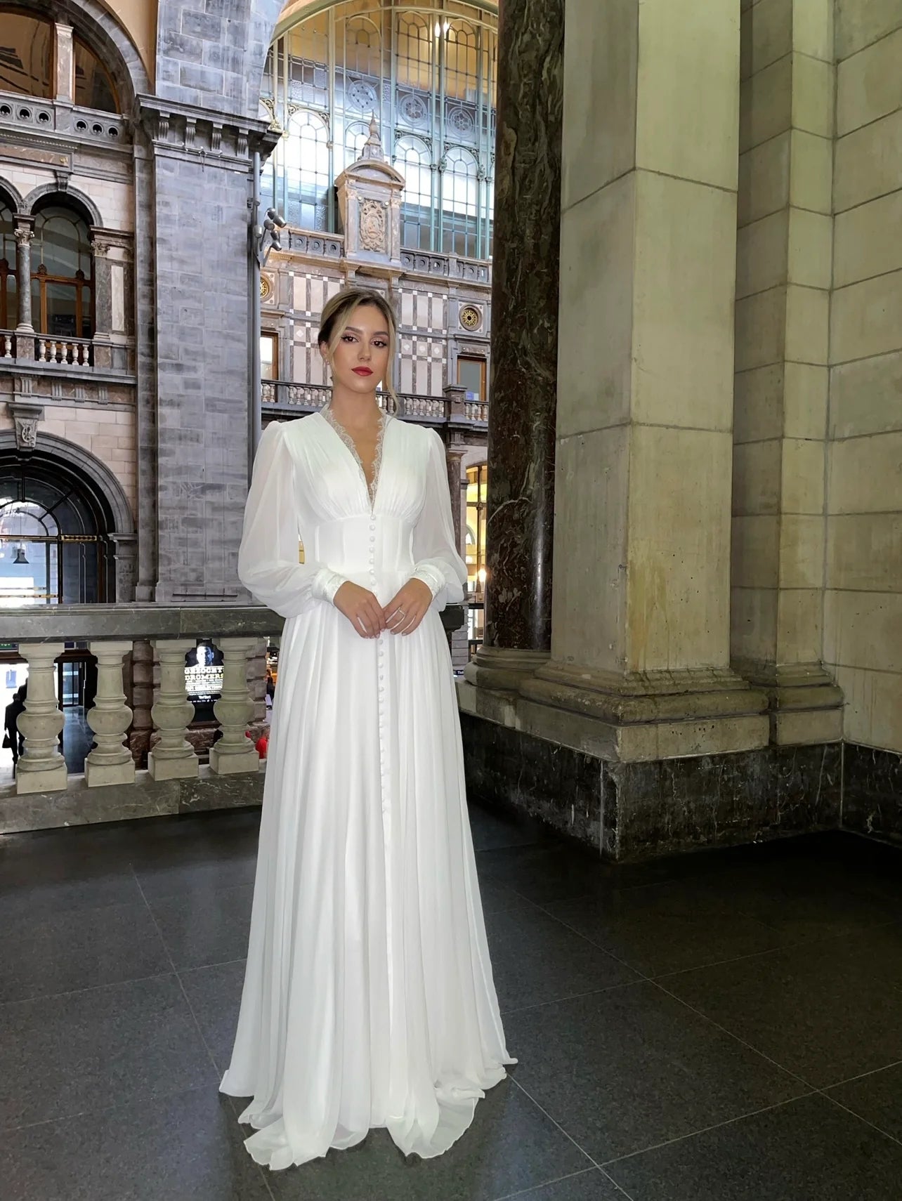 Simple V-Neck Long Sleeve Button A-Line Evening Dress