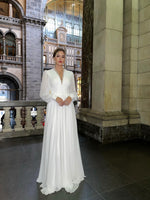 Simple V-Neck Long Sleeve Button A-Line Evening Dress