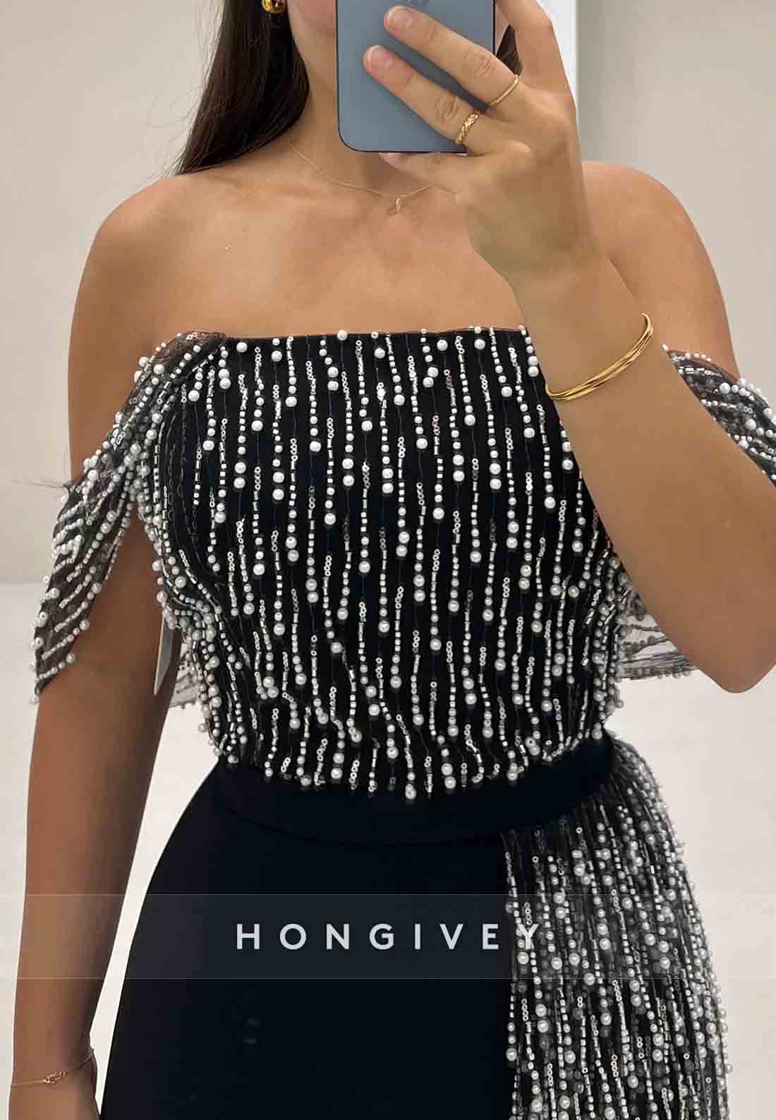 Off the Shoulder A-Line Floor-Length Black Evening Gowns with Tassel