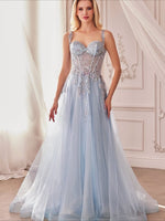 Spaghetti Straps Blue Tulle A-Line Applique Sleeveless Floor-Lenght Prom Dress