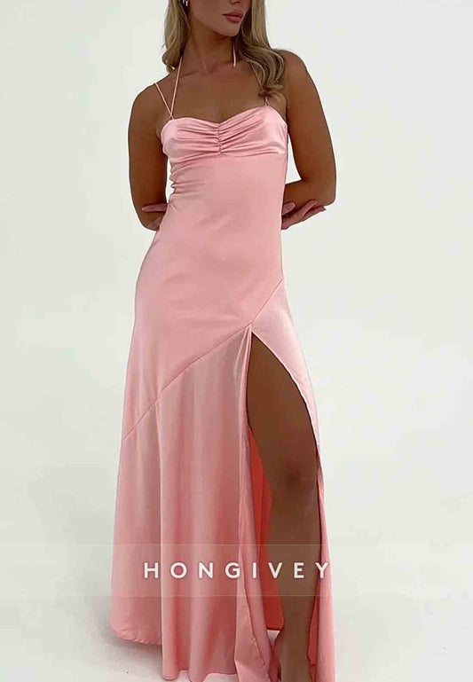 Spaghetti Straps Simple Sheath Pink Long Party Dress with High Slit