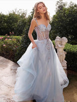 Spaghetti Straps Blue Tulle A-Line Applique Sleeveless Floor-Lenght Prom Dress