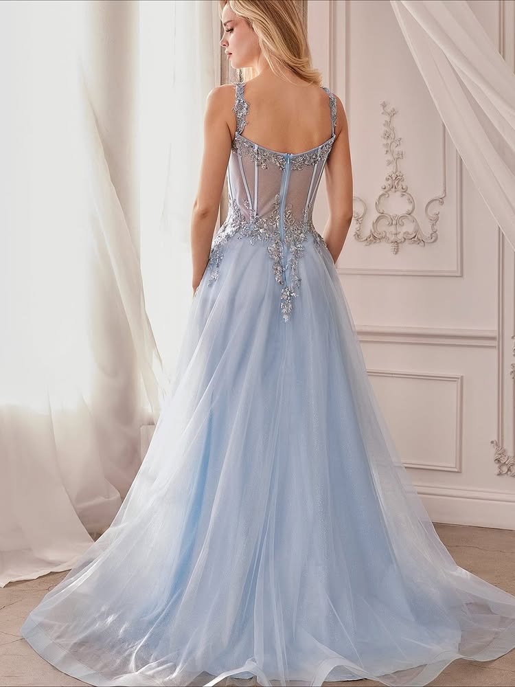Spaghetti Straps Blue Tulle A-Line Applique Sleeveless Floor-Lenght Prom Dress
