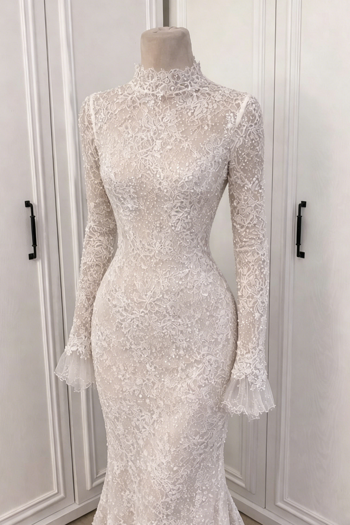 Lace High Neck Long Sleeve Mermaid Floor-Length Wedding Dress